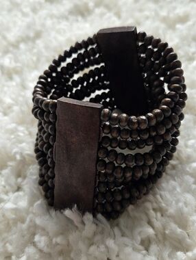 Wood Beaded Stretch Cuff Bracelet - Dark Brown